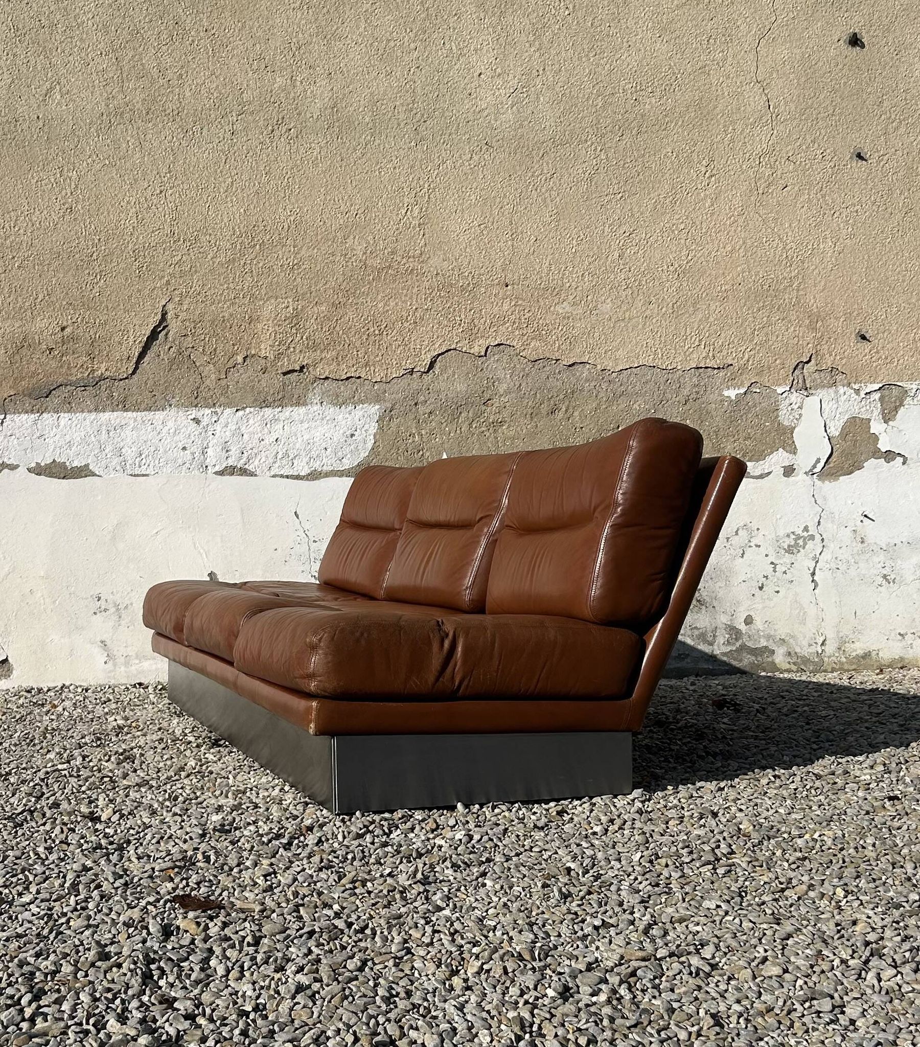 Complete vintage living room set, brushed aluminum and brown leather, France, 1970