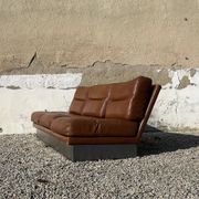 Complete vintage living room set, brushed aluminum and brown leather, France, 1970