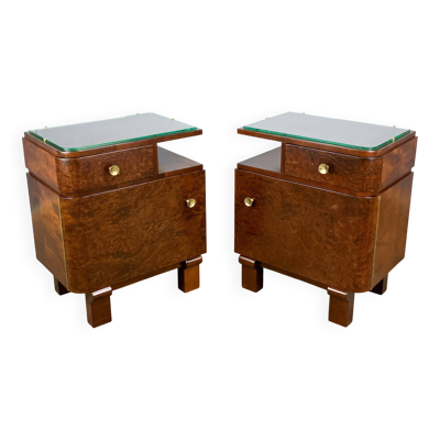 Tables de chevet Art Déco, bois de noyer avec plateaux en verre, années 1930