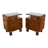 Art Deco bedside tables, burl wood with glass tops, 1930s