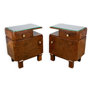 Art Deco bedside tables, burl wood with glass tops, 1930s