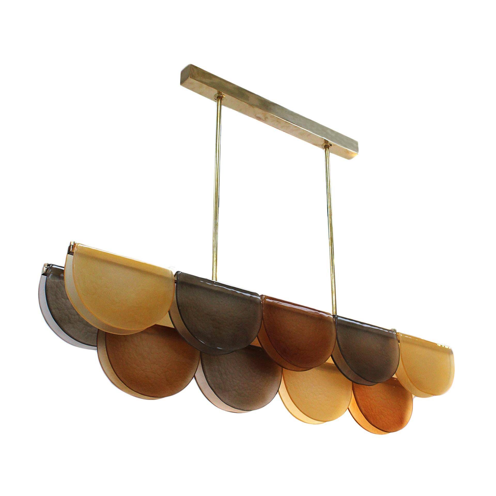 Contemporary Elongated Brown and Gold Murano Glass and Brass Ceiling Lamp, Italy