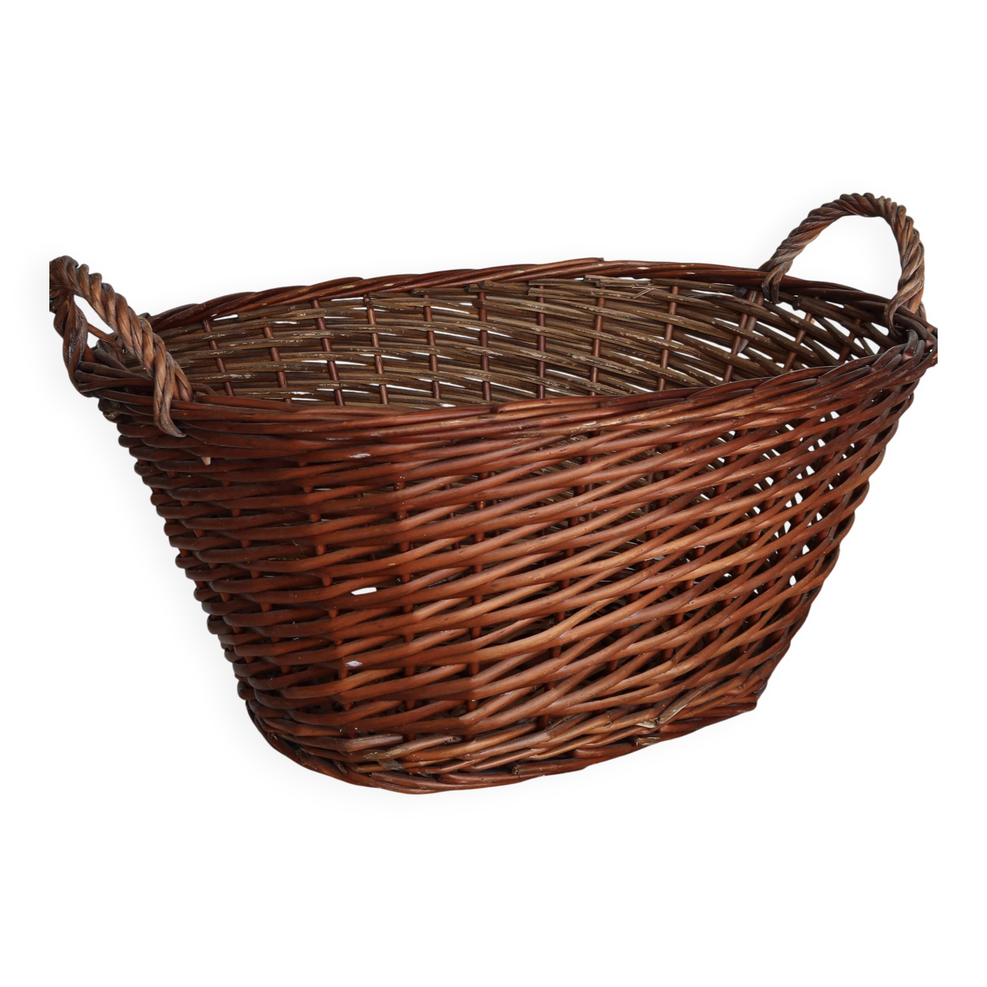 Large vintage dark wicker basket with handles