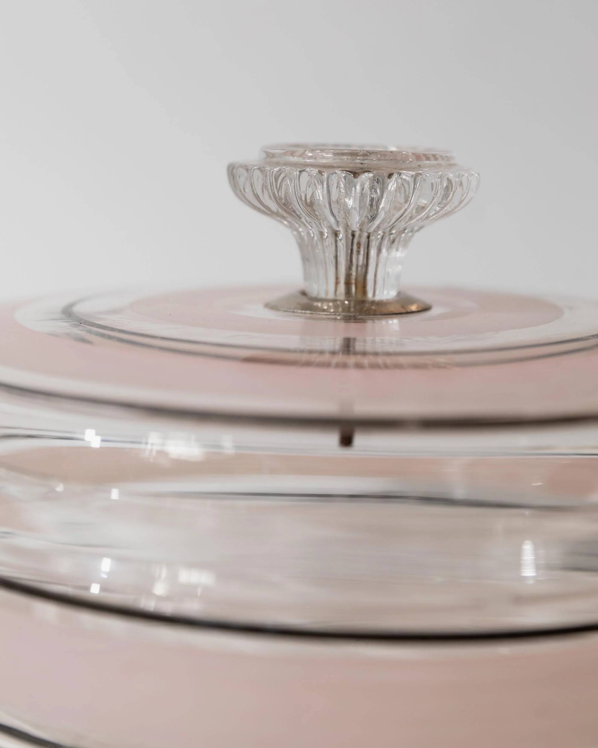 Vintage glass sweet jar from the 1960s, candy jar with a pink and black striped lid, Italian glass art.