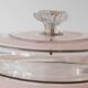 Vintage glass sweet jar from the 1960s, candy jar with a pink and black striped lid, Italian glass art.