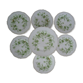 6 flat plates and 1 round dish haviland limoges with green and gold horn