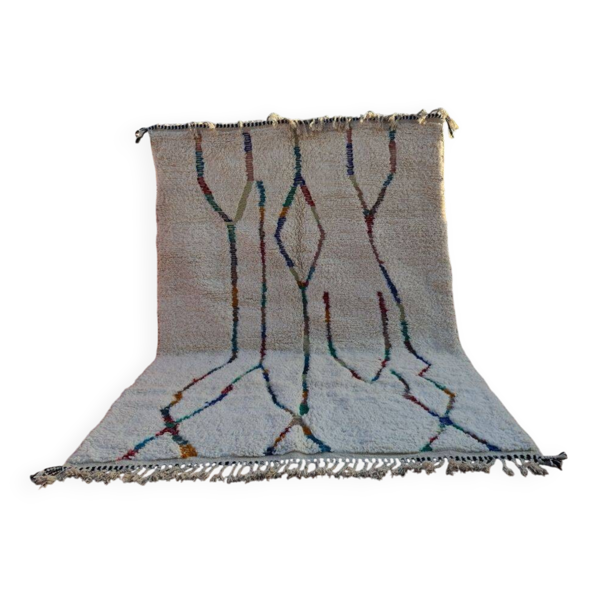 Moroccan Berber Handmade Rug - Minimalist White Wool with Colorful Lines 300x200 cm