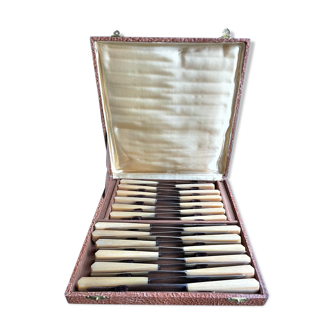 Box of 24 knives, Art Deco, stainless steel blade and horn handle Chagnat Troyes