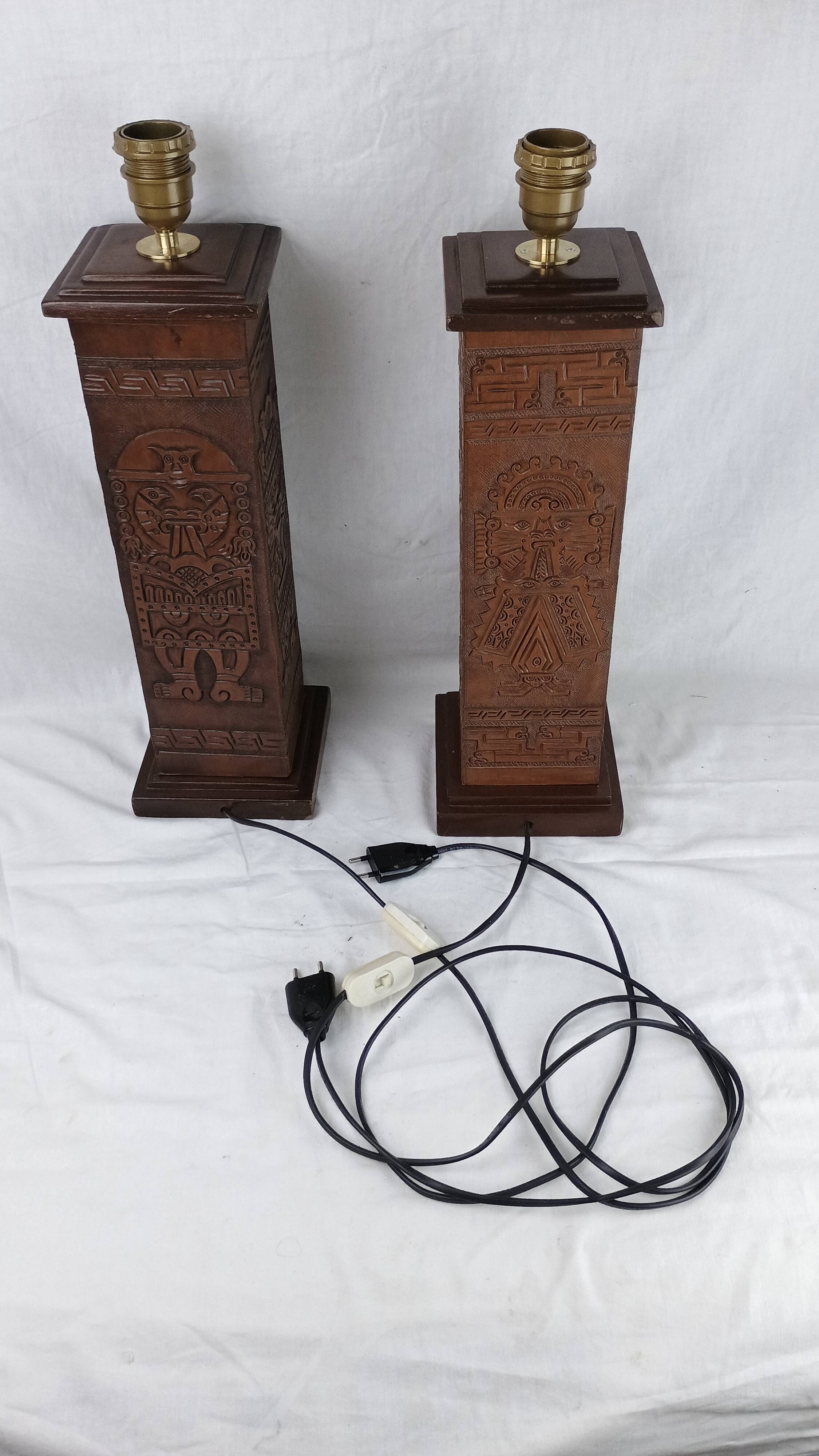 Pair of Kaiser Leuchten Totem Lamps in Vintage Aztec Inca or Mayan Leather