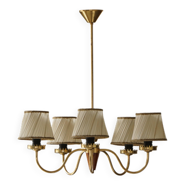 Five-armed brass light fixture with pleated shade, mid-century Swedish modern, 1950s.