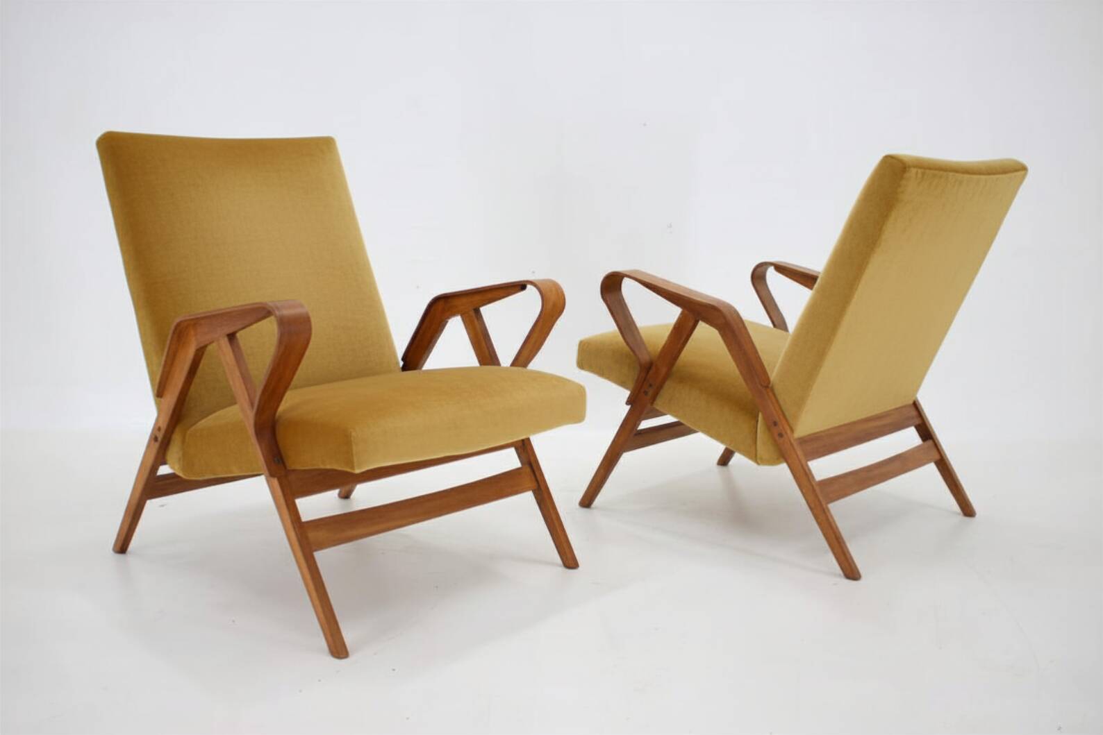 Mid-century armchairs, wooden frame & upholstered, František Jirák, 1960s–70s, Czechoslovakia