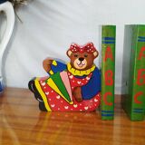 Vintage wooden bookends for kids, bear & books polychrome