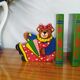 Vintage wooden bookends for kids, bear & books polychrome