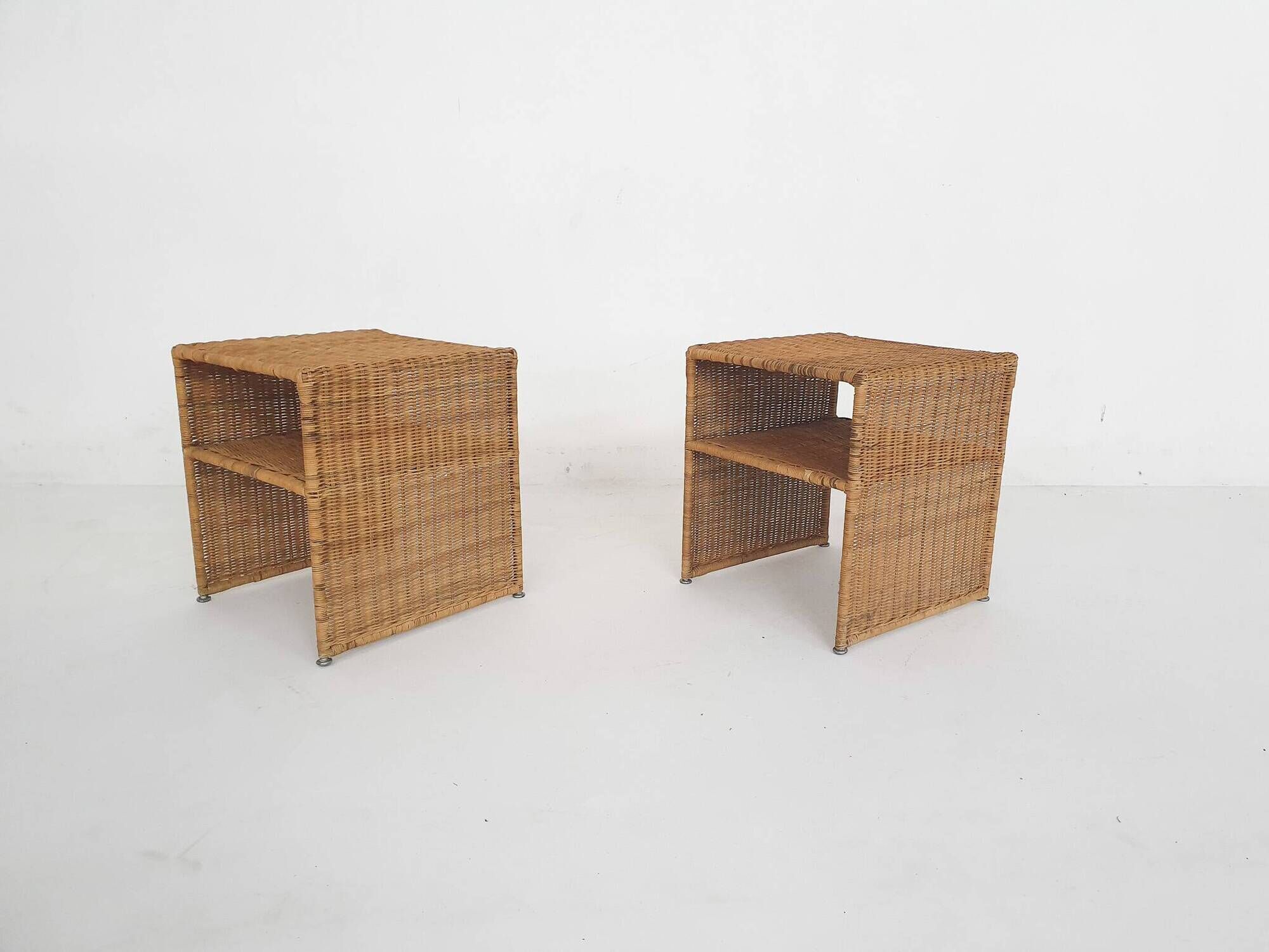 Set of two wicker bed side tables, France 1960's