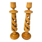 PAIR OF LEMON WOOD CANDLESTICKS CARVED INTO SPIRAL 1970s