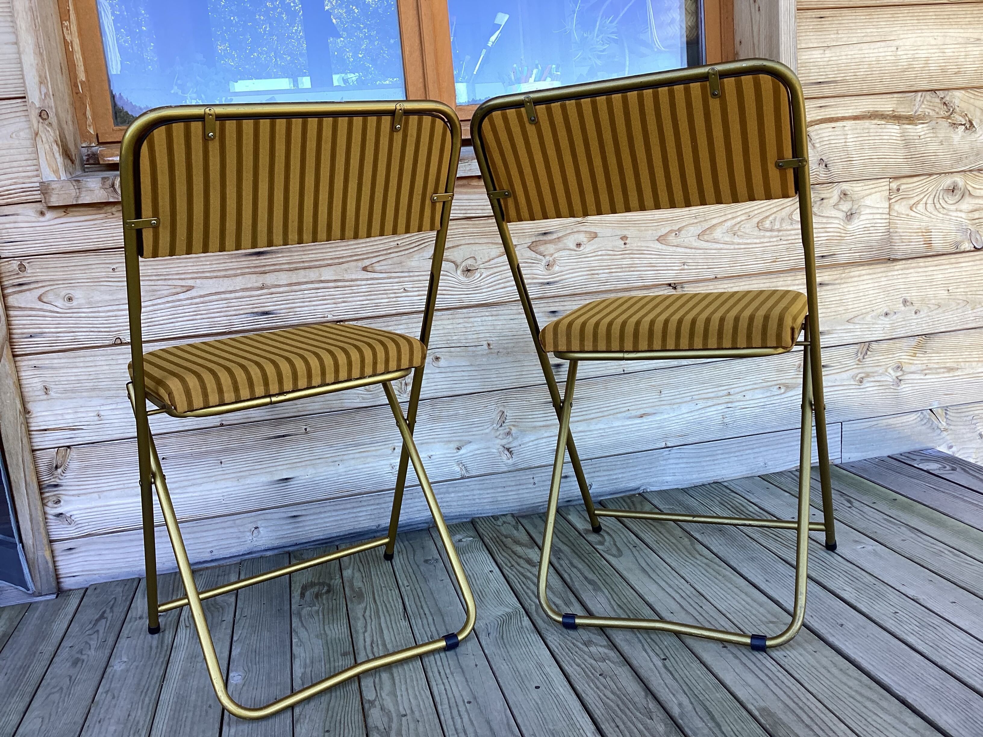 Vintage lafuma folding chair with striped gold fabric