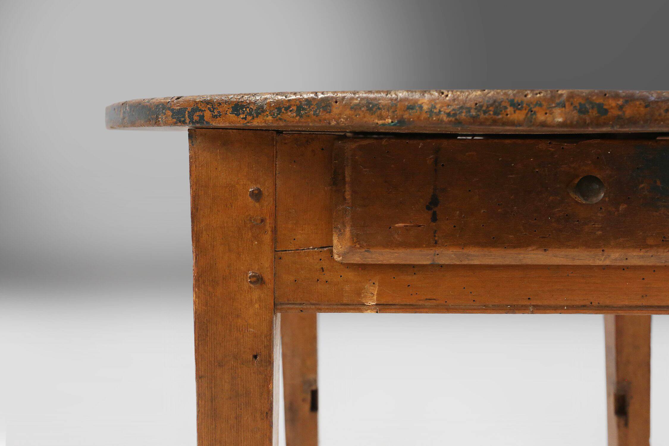 French Round Side Table in Oak with Blue Top, 1850s