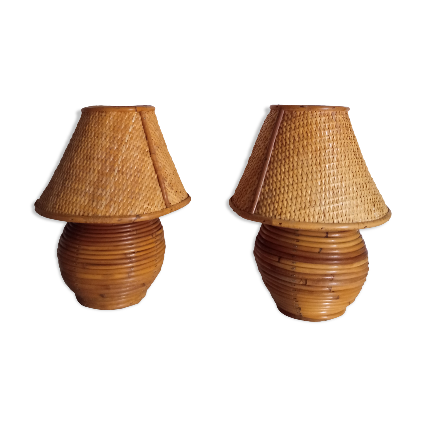 Pair of bamboo lamps and cannage