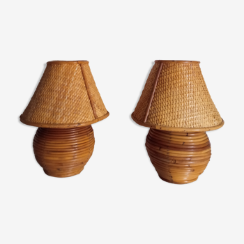 Pair of bamboo lamps and cannage