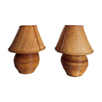 Pair of bamboo lamps and cannage