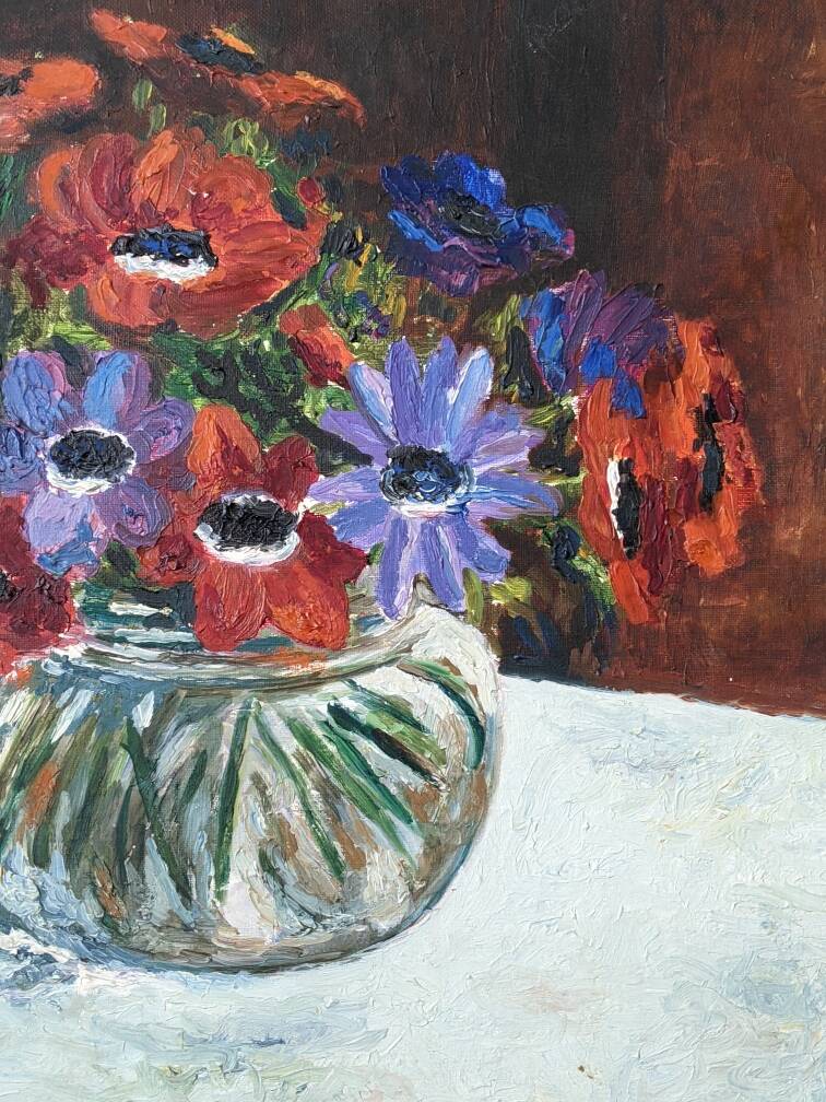 Antique painting still life old acrylic on canvas bouquet of flowers