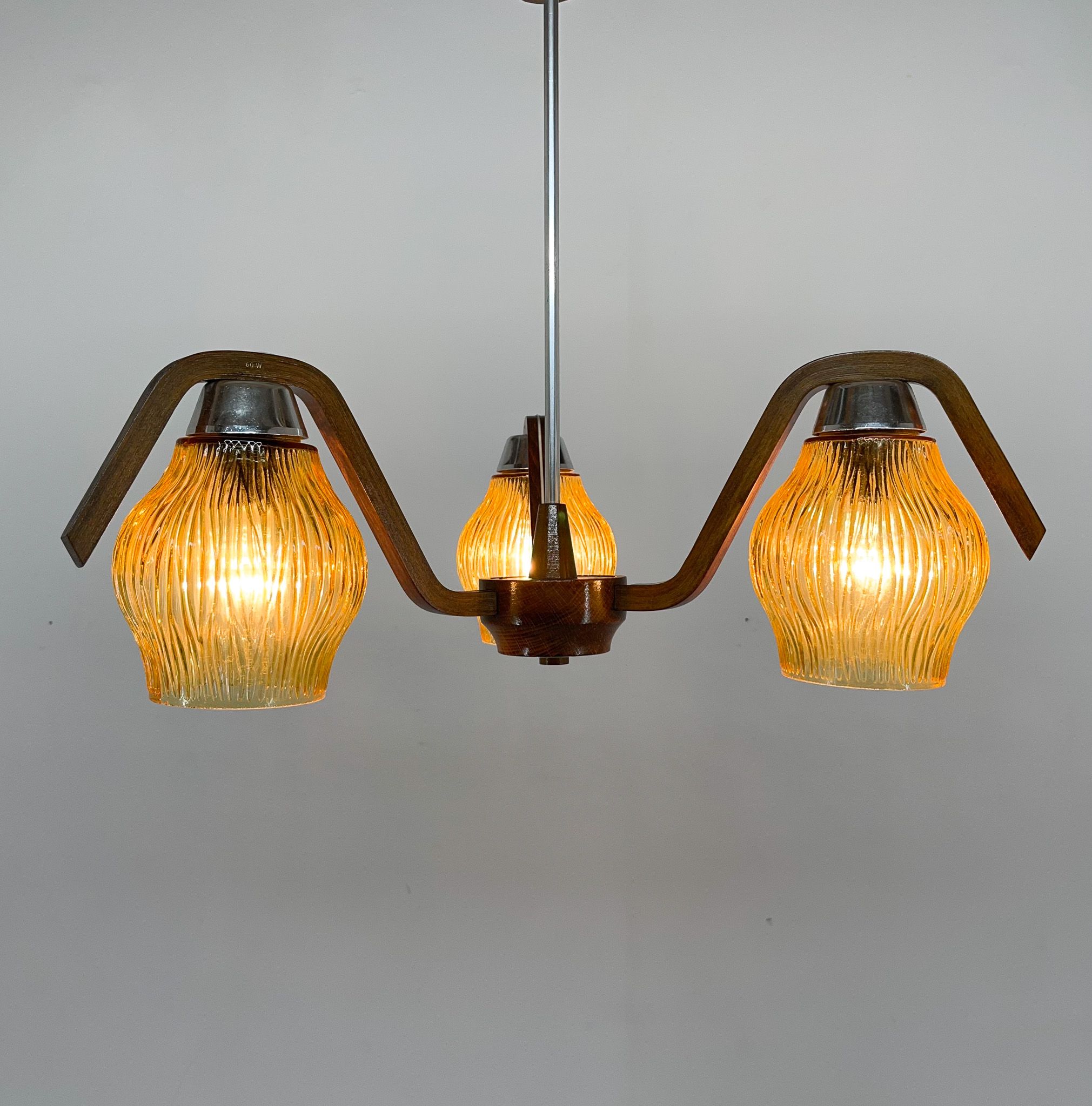 Mid-century Wood & Glass Chandelier by Dřevo Humpolec, 1960's