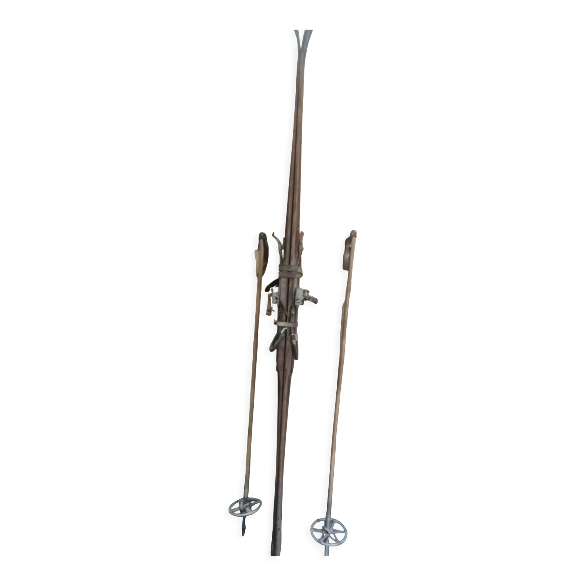 Pair of wooden ski & vintage ski poles year 1940