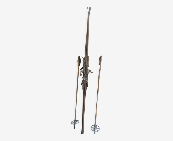 Paire de ski en bois & bâtons de ski vintage année 1940