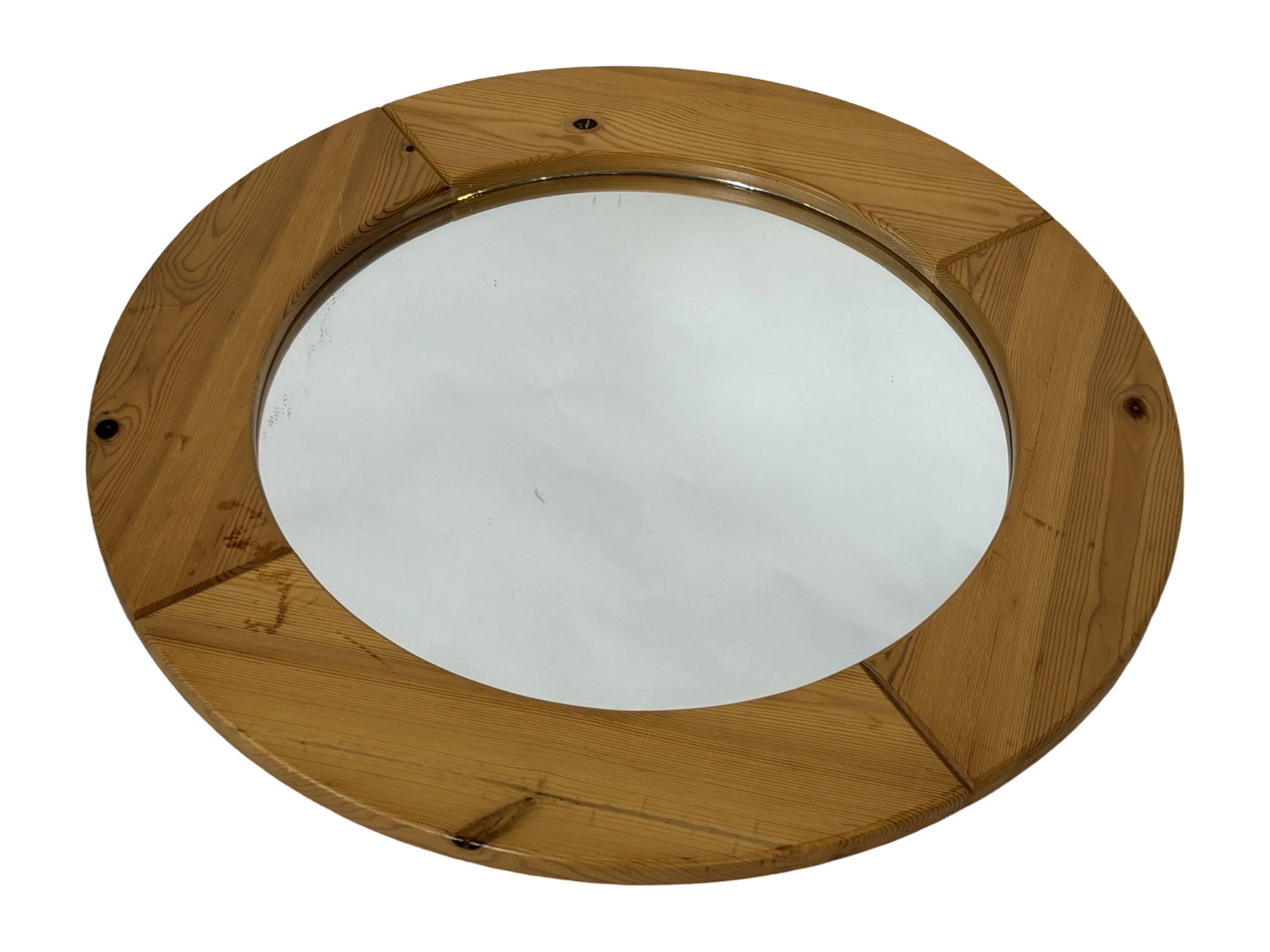 Vintage 70s round pine mirror Swedish design
