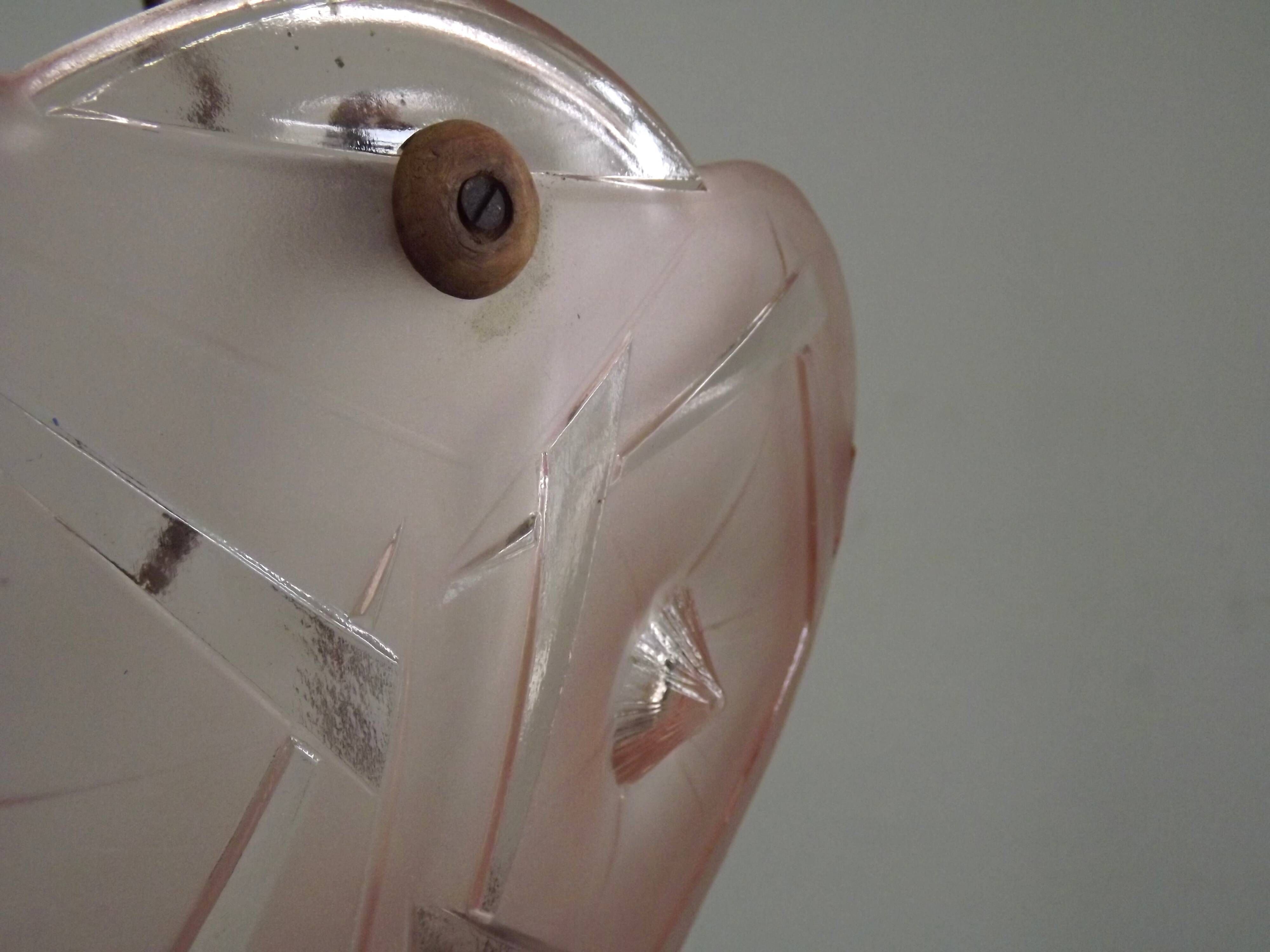 French Art Deco Stamped 1053 Pink Glass Plafonnier Hanging Light Pink Ropes