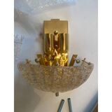 Set of Two Transparent and Gold Graniglia “Leaf” Murano Glass Wall Sconces