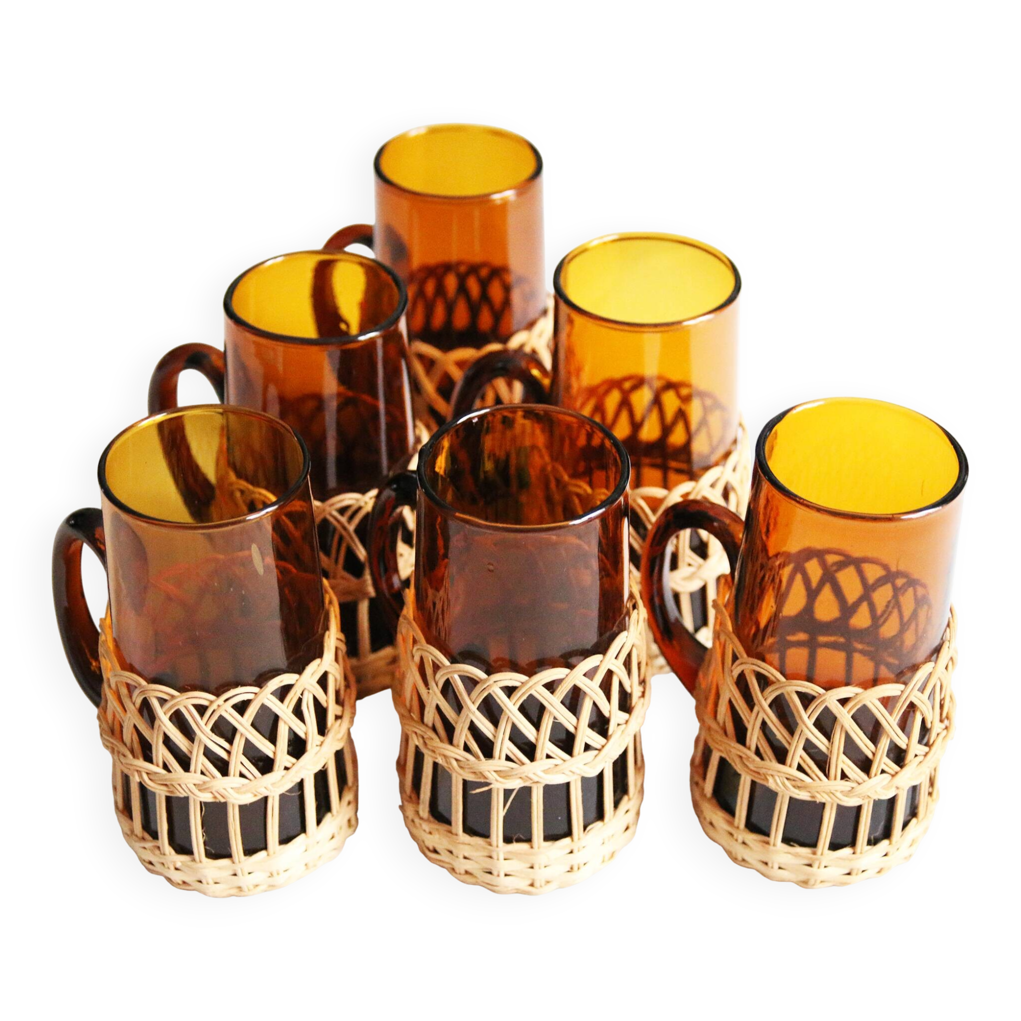6 amber glasses wrapped in rattan Circa 60/70 Vintage