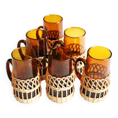 6 Verres ambrés gainés de rotin Circa 60/70 Vintage