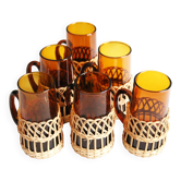 6 Verres ambrés gainés de rotin Circa 60/70 Vintage