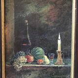 Painting, still life with fruit and candle, hst, signed and dated 1979