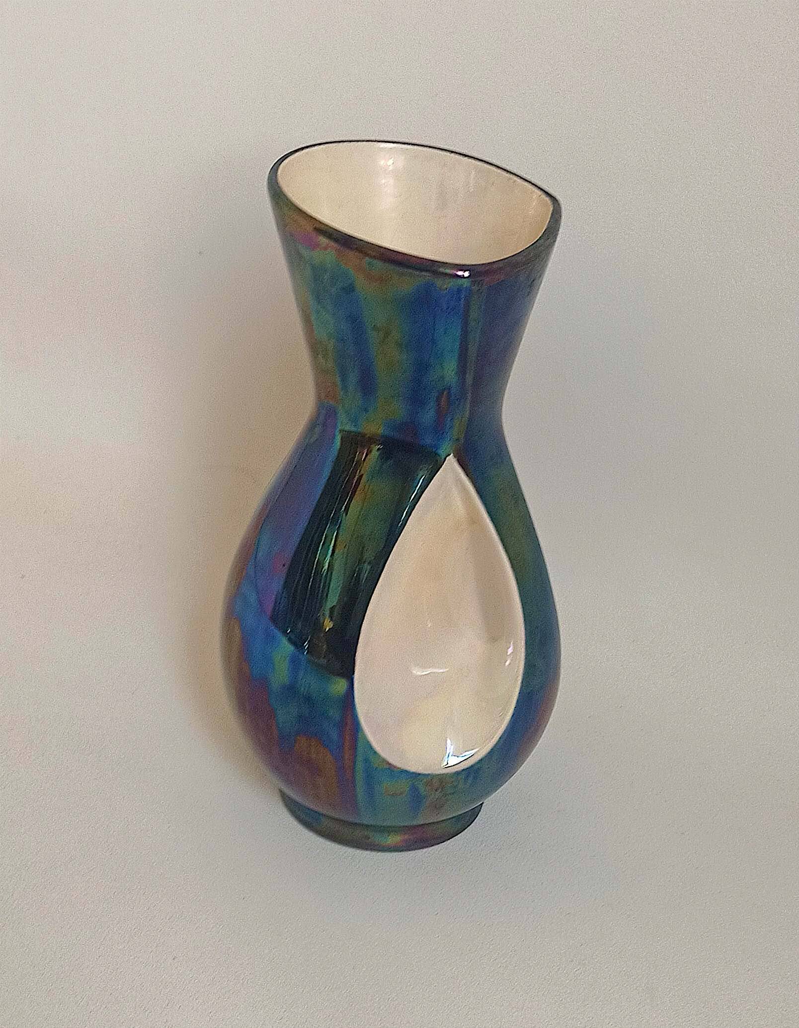 Verceram vase iridescent blue ceramic 60s Height 26,7 cm