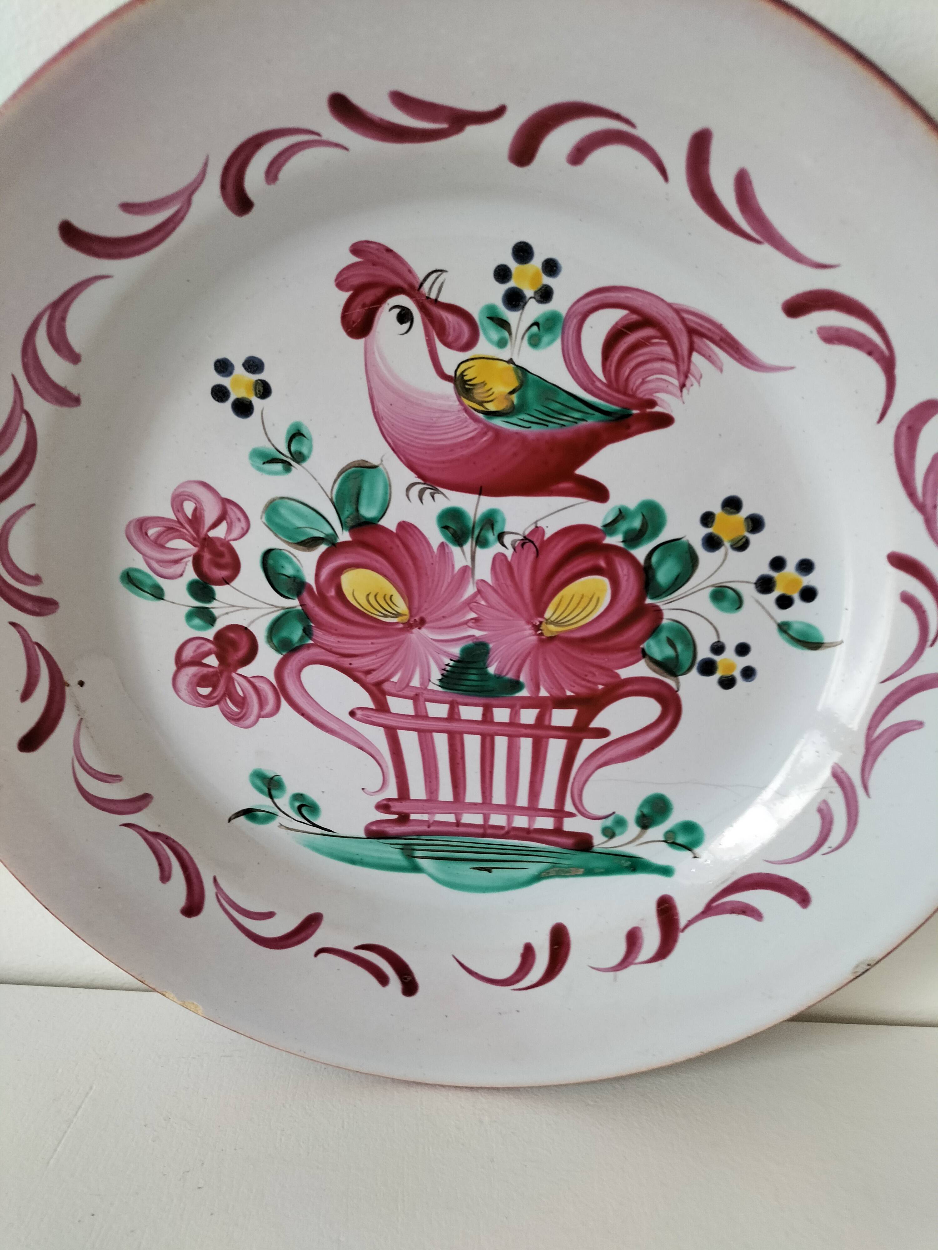 Saint-Clément & K&G plate – rooster on basket decoration, circa 1920