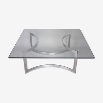 Coffee table published by Dassas, base in chromed steel and thick glass slab, France, 1963