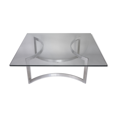 Table basse éditée par Dassas, piètement en acier chromé et dalle de verre épais, France, 1963