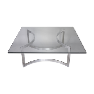 Coffee table published by Dassas, base in chromed steel and thick glass slab, France, 1963