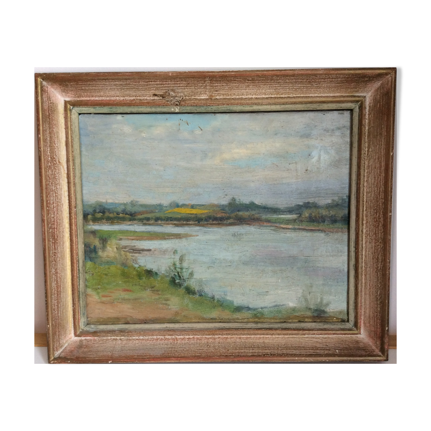 Old painting, riverside landscape