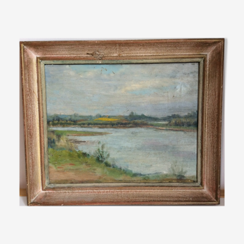 Old painting, riverside landscape