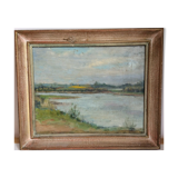 Old painting, riverside landscape