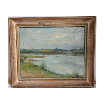 Old painting, riverside landscape