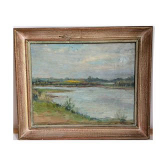 Tableau ancien, paysage bord de rivière