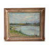 Tableau ancien, paysage bord de rivière