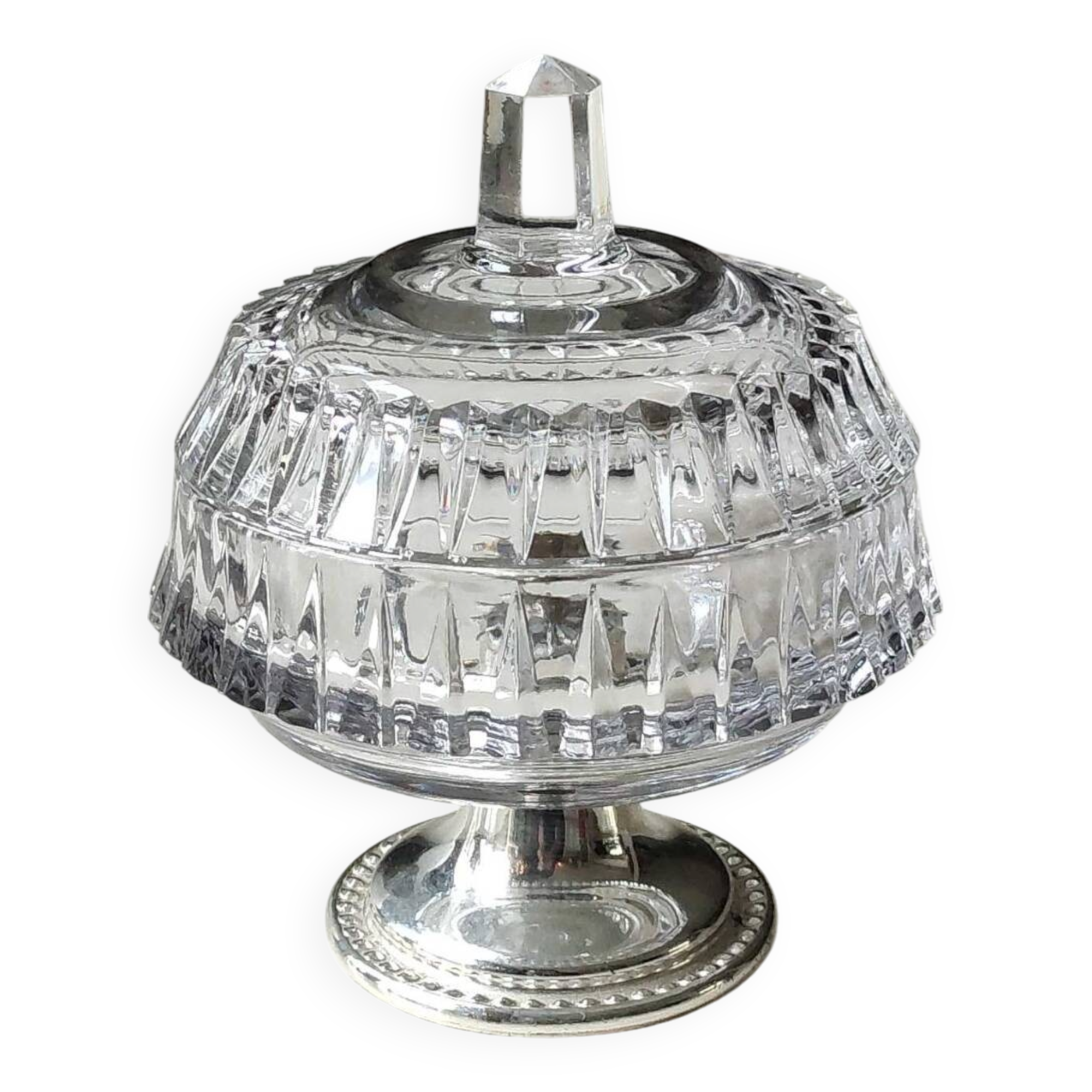 Antique crystal sugar bowl. Diamond point patterns. Pearly silver base