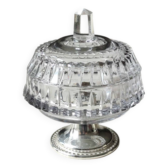Ancien sucrier en cristal motifs pointes diamant base argenté perlée