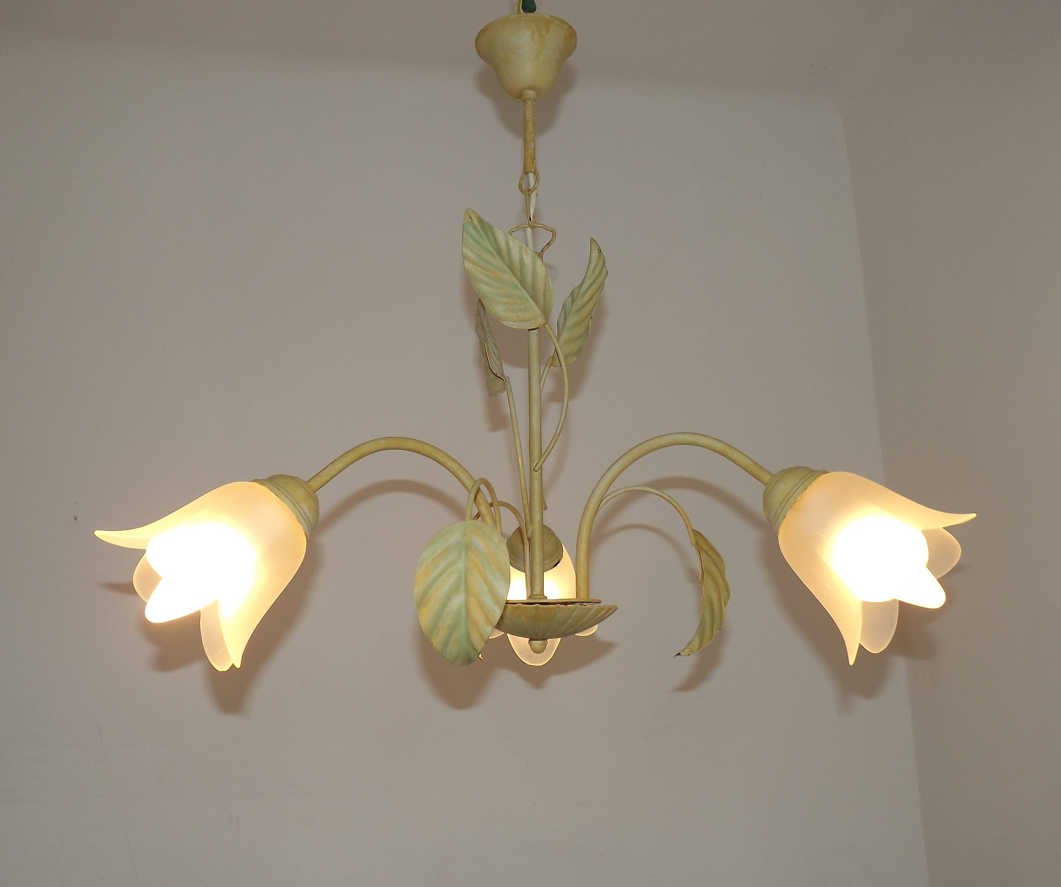 French vintage chandelier with 3 lights in leaf green metal and glass shades 5516