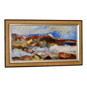 Swedish Mid-Century Oil On Board Painting "Mountain motif" by H Öman